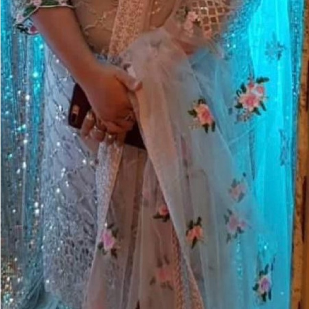 Embroidered Floral Net Salwar Kameez Dopatta in Pale Beige with Pink Accents